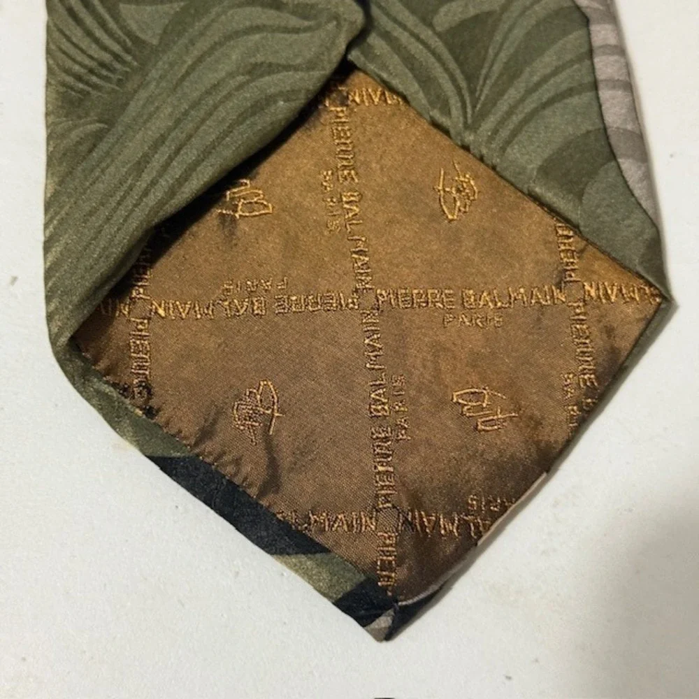 Pierre Balmain Paris Mens Vintage 80s Silk Tie Green Geometric Abstract